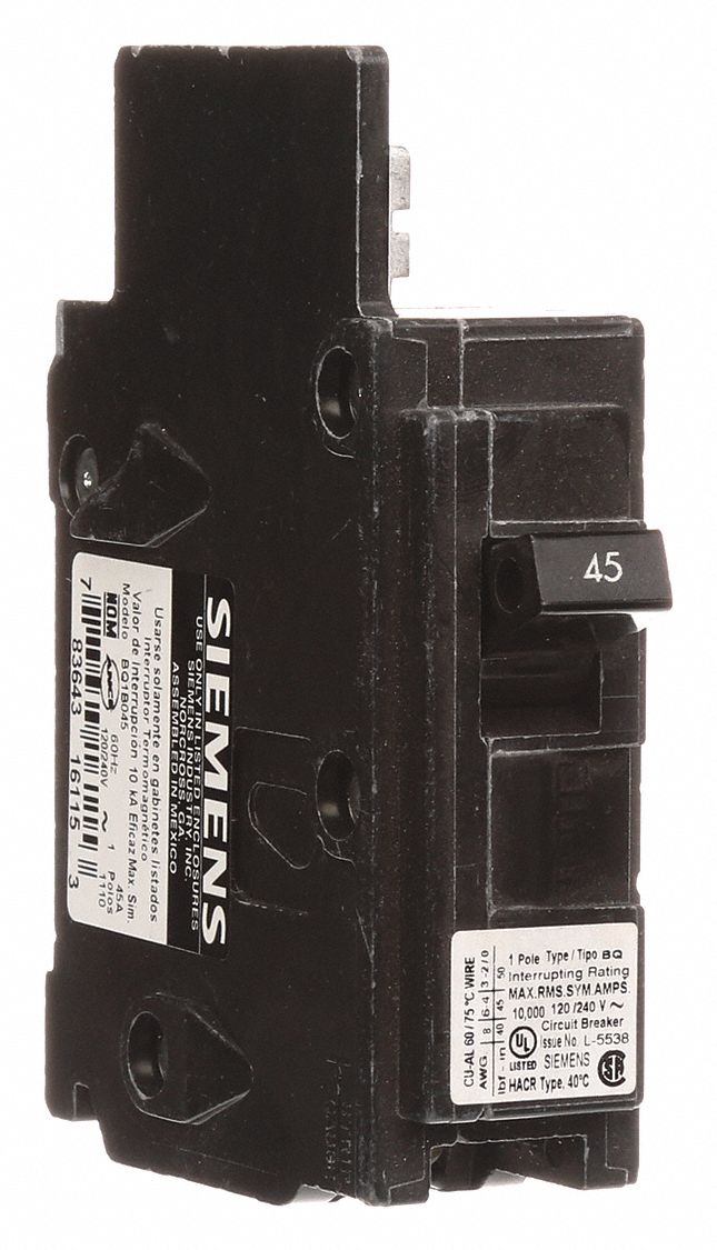 Miniature Circuit Breaker: 45 A Amps, 120V AC, 1 Poles, Std