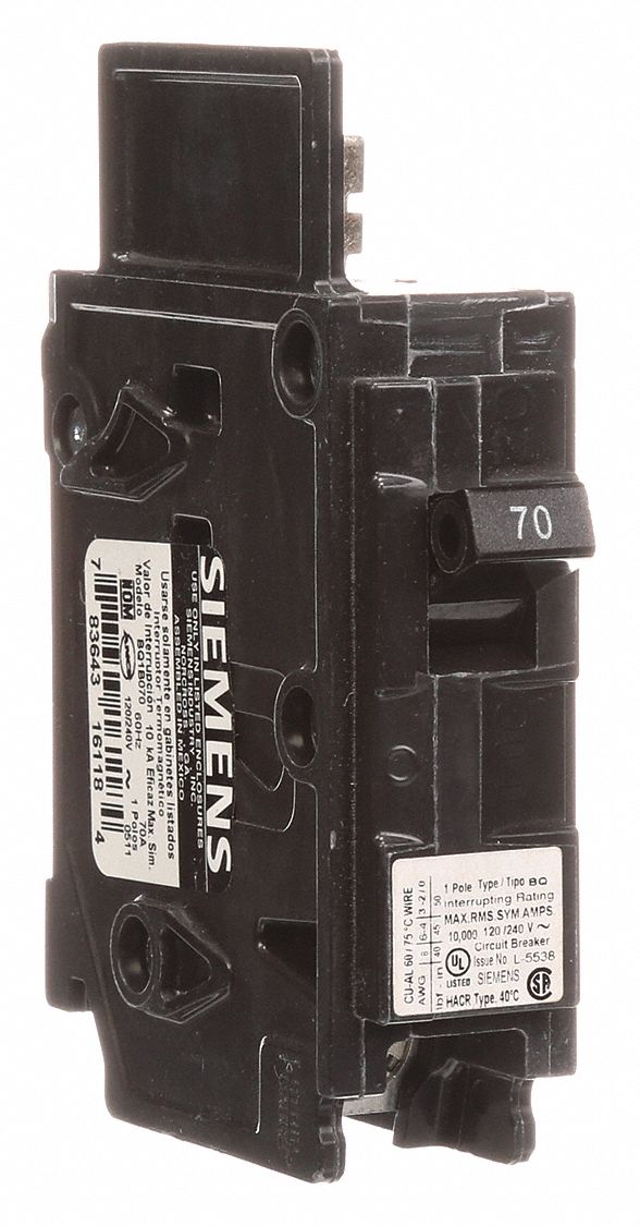 Miniature Circuit Breaker: 70 A Amps, 120V AC, 1 Poles, Std