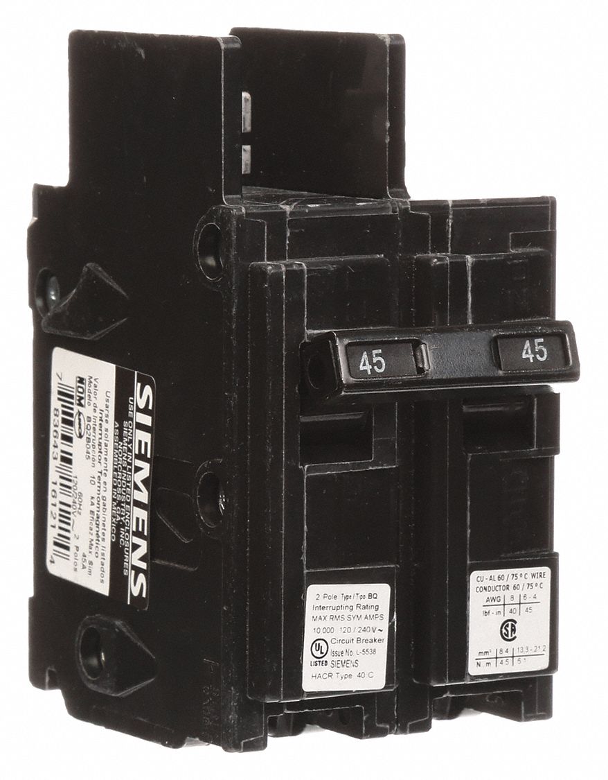 Miniature Circuit Breaker: 45 A Amps, 120/240V AC, 2 Poles, Std