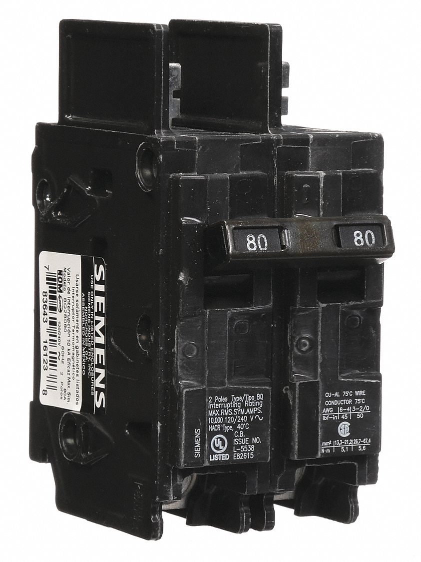 Miniature Circuit Breaker: 80 A Amps, 120/240V AC, 2 Poles, Std