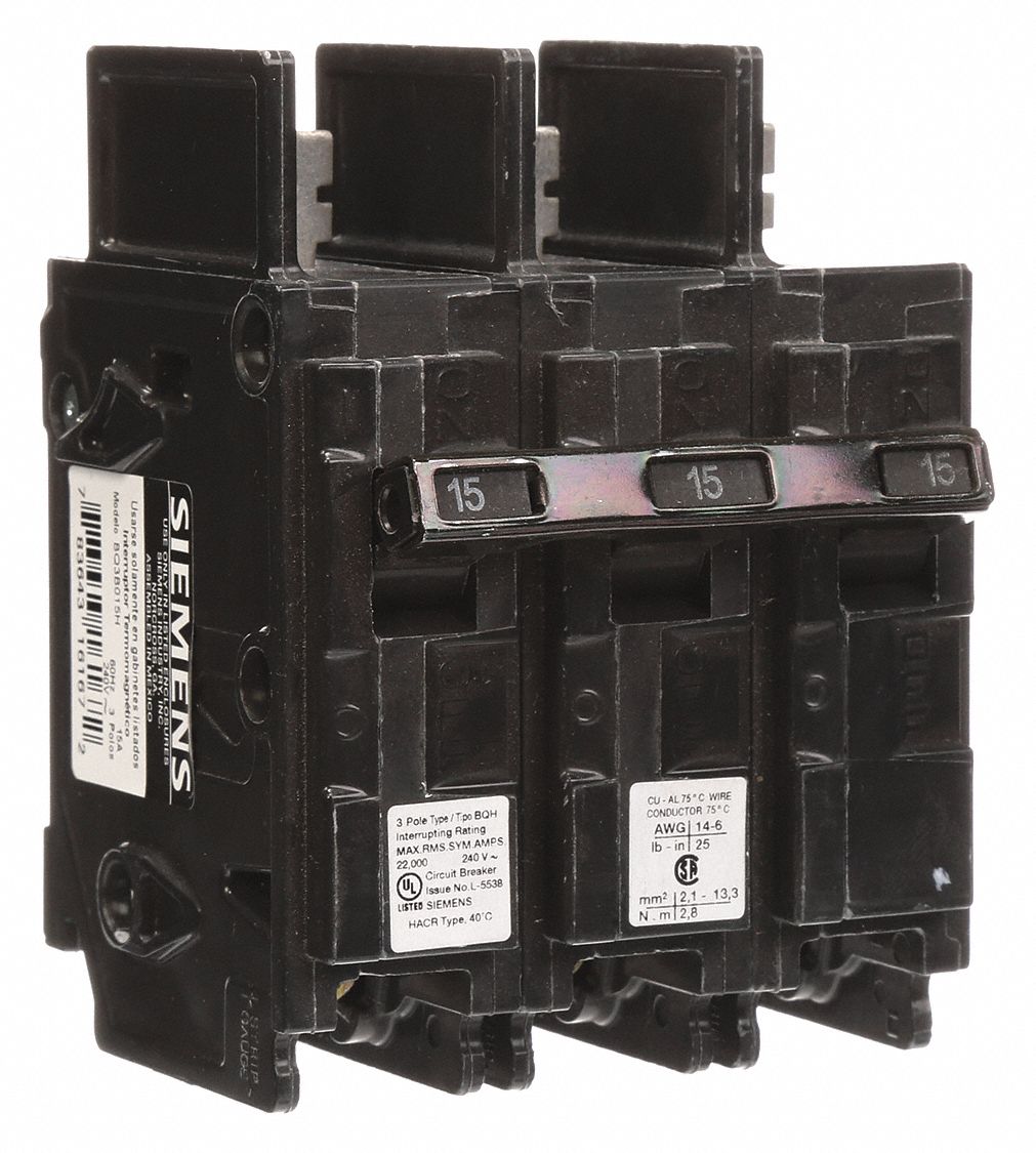 Miniature Circuit Breaker: 15 A Amps, 240V AC, 3 Poles, High Interrupting Capacity