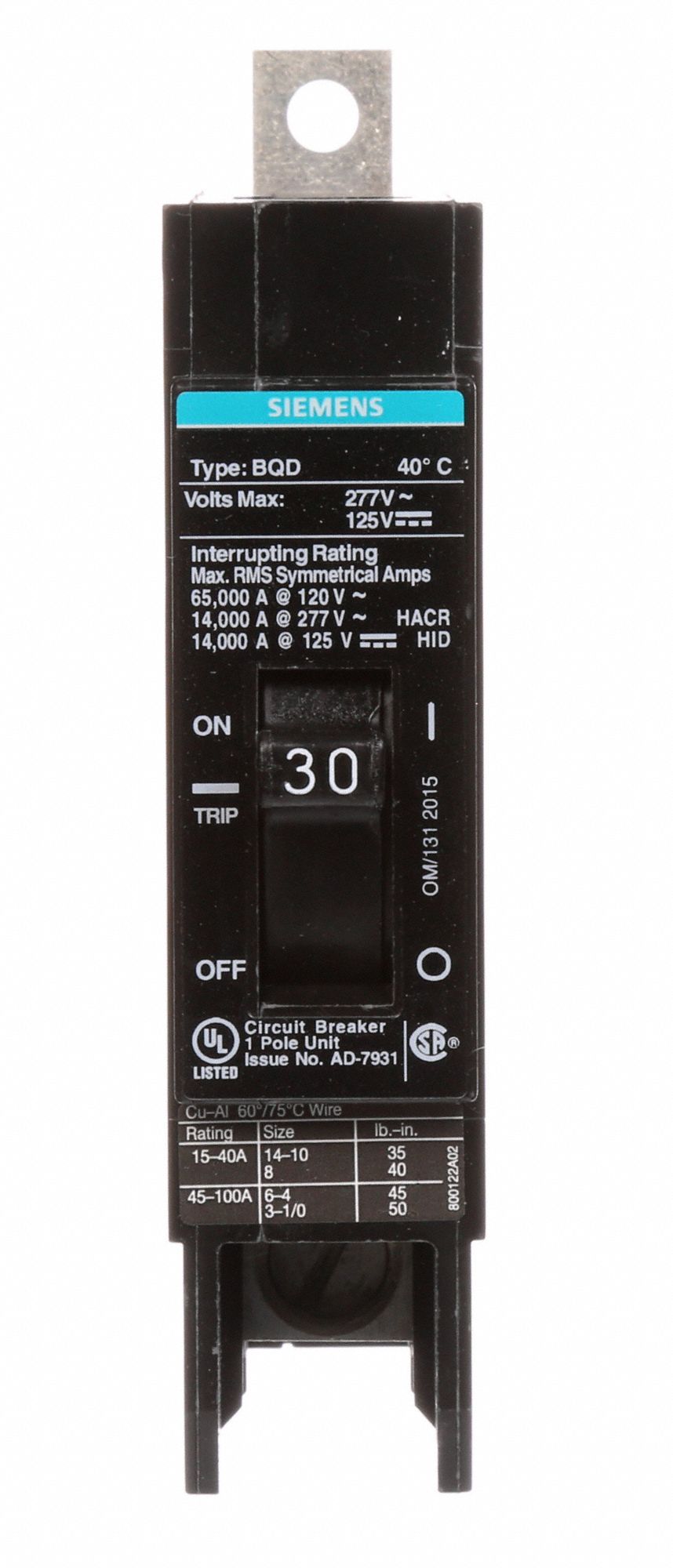 BQD130 SIEMENS 1POLE 30AMP 277V 14KA CIRCUIT BREAKER NEW IN BOX! 