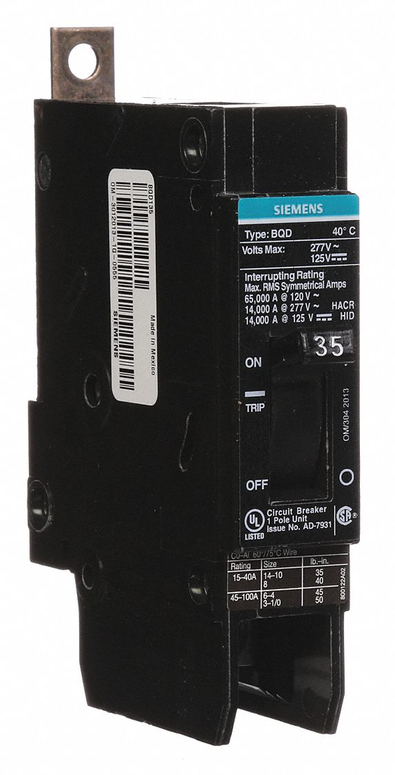 Miniature Circuit Breaker: 35 A Amps, 277V AC, 1 Poles, Std