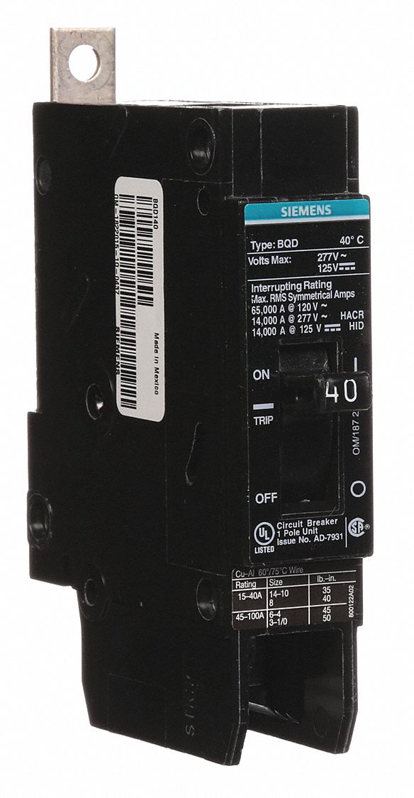 Miniature Circuit Breaker: 40 A Amps, 277V AC, 1 Poles, Std