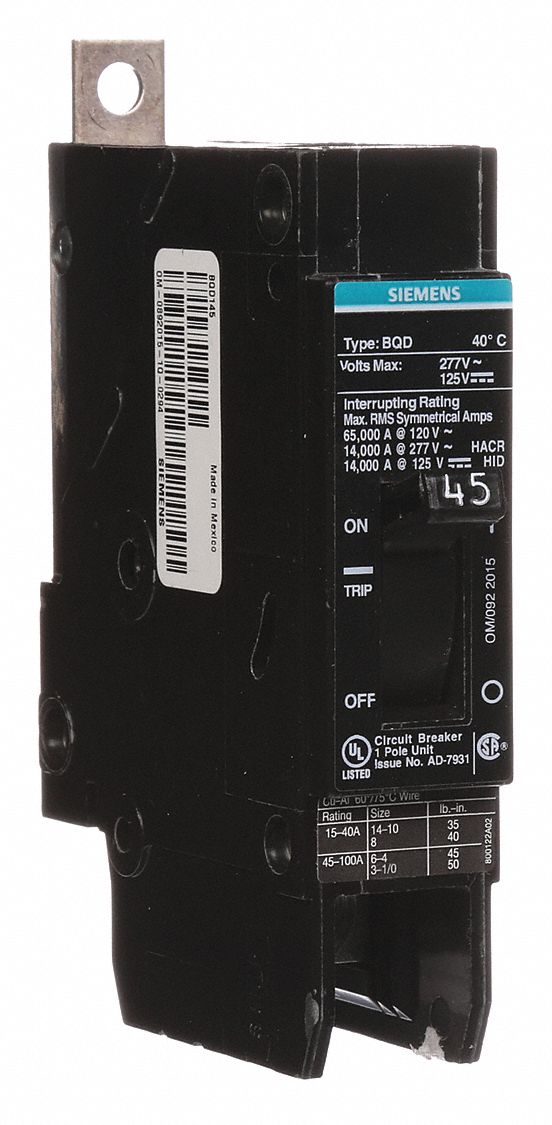 Miniature Circuit Breaker: 45 A Amps, 277V AC, 1 Poles, Std