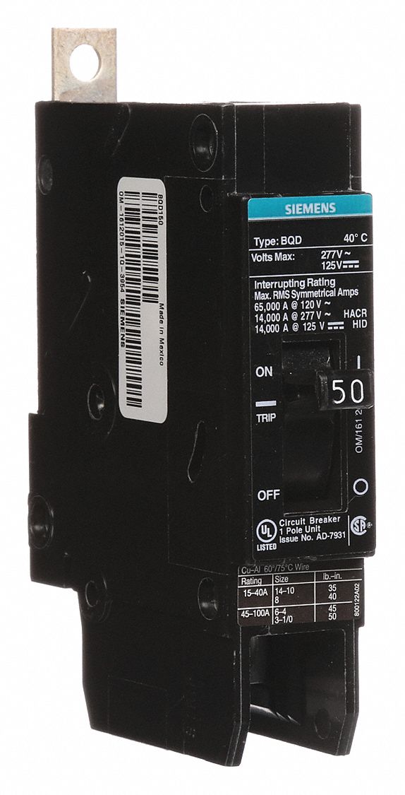 Miniature Circuit Breaker: 50 A Amps, 277V AC, 1 Poles, Std