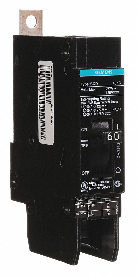 Miniature Circuit Breaker: 60 A Amps, 277V AC, 1 Poles, Std