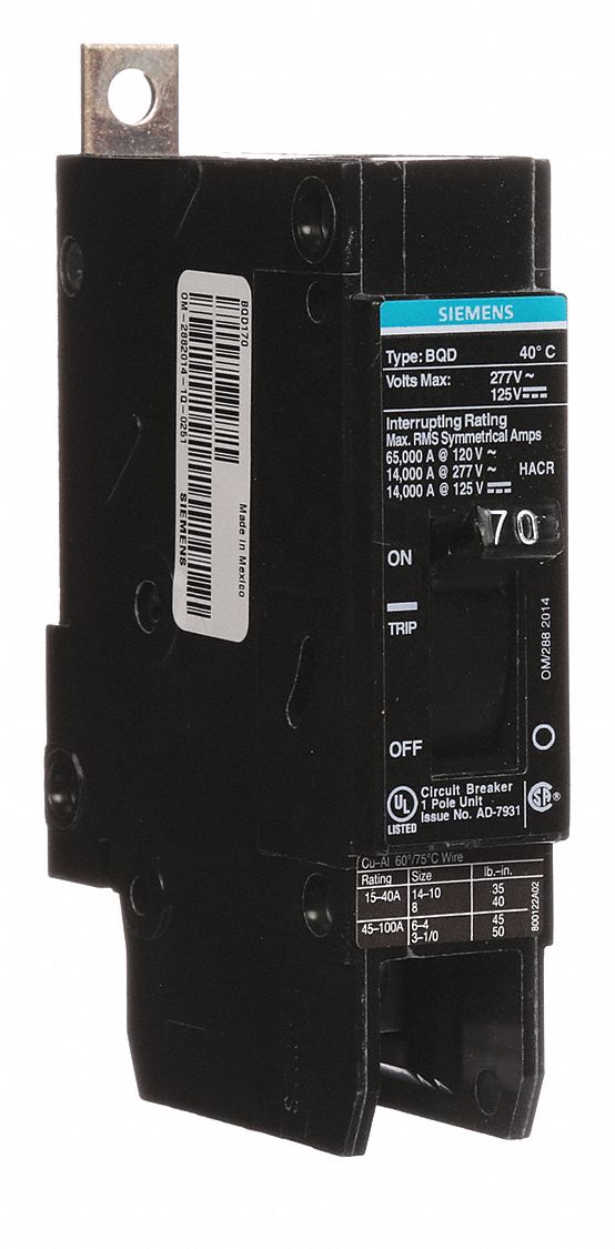 Miniature Circuit Breaker: 70 A Amps, 277V AC, 1 Poles, Std