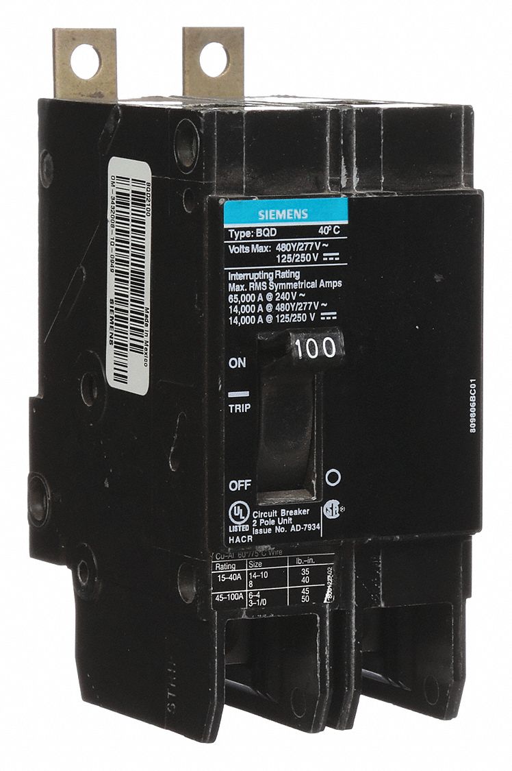 Miniature Circuit Breaker: 100 A Amps, 480V AC, 2 Poles, Std