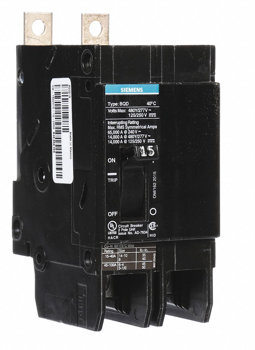 Miniature Circuit Breaker: 15 A Amps, 480V AC, 2 Poles, Std
