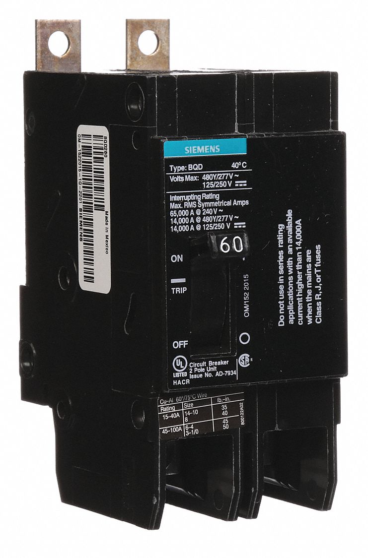 Miniature Circuit Breaker: 60 A Amps, 480V AC, 2 Poles, Std