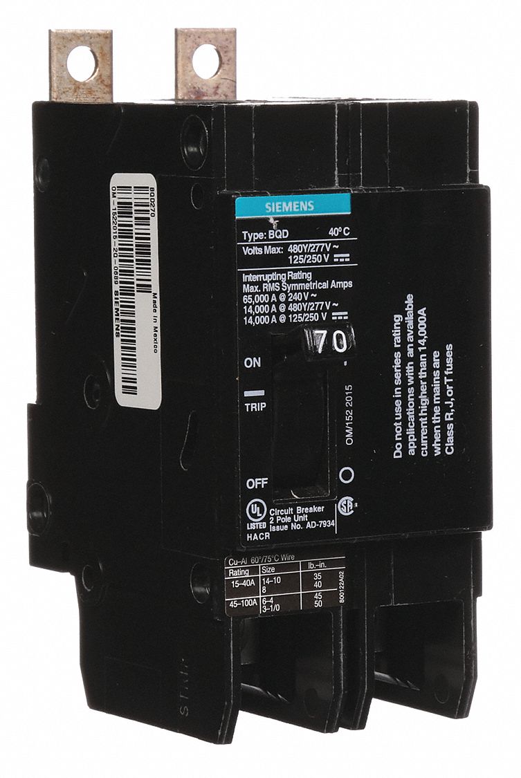 Miniature Circuit Breaker: 70 A Amps, 480V AC, 2 Poles, Std