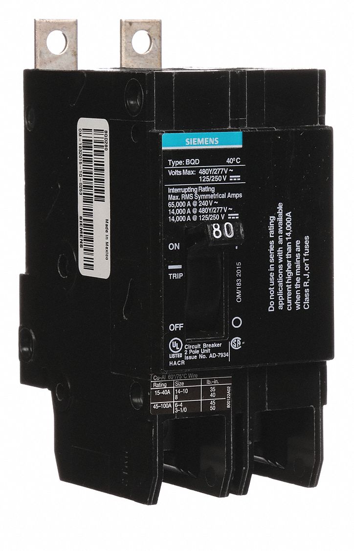 Miniature Circuit Breaker: 80 A Amps, 480V AC, 2 Poles, Std