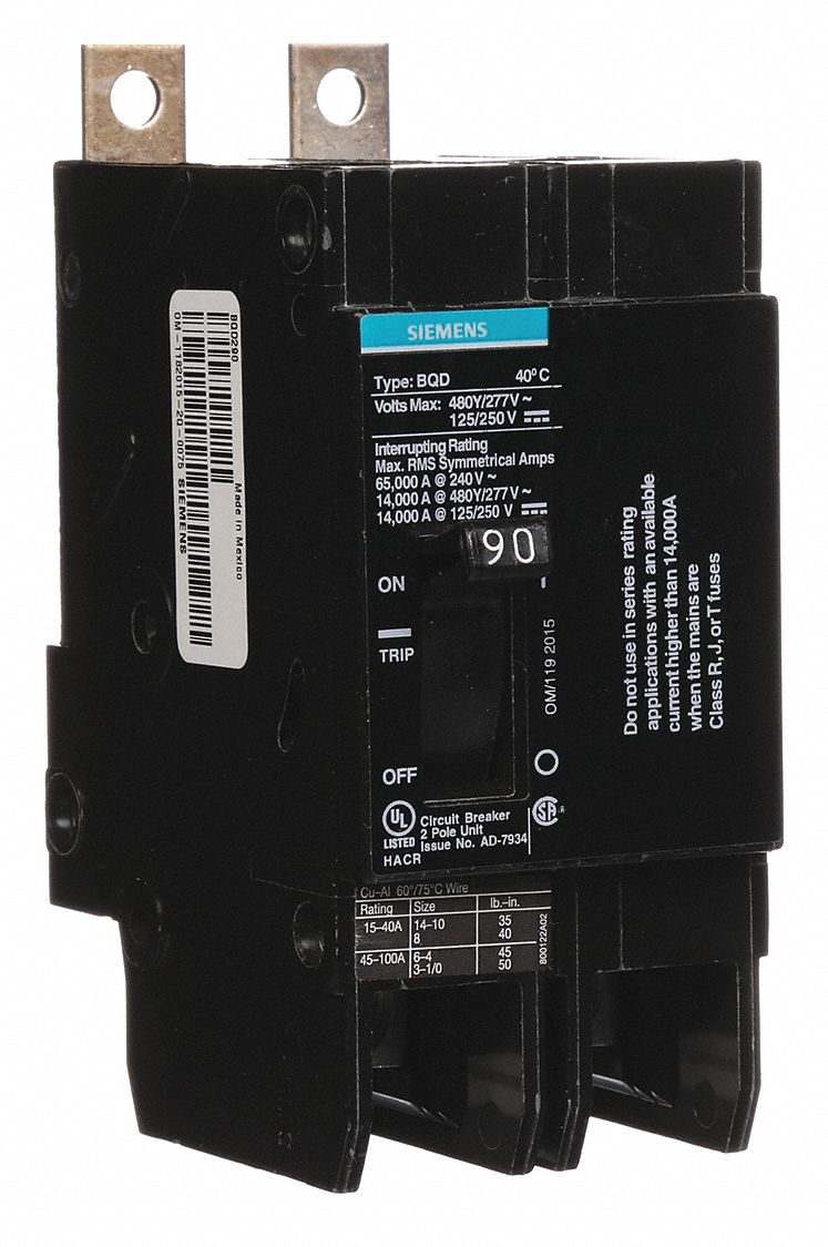Miniature Circuit Breaker: 90 A Amps, 480V AC, 2 Poles, Std