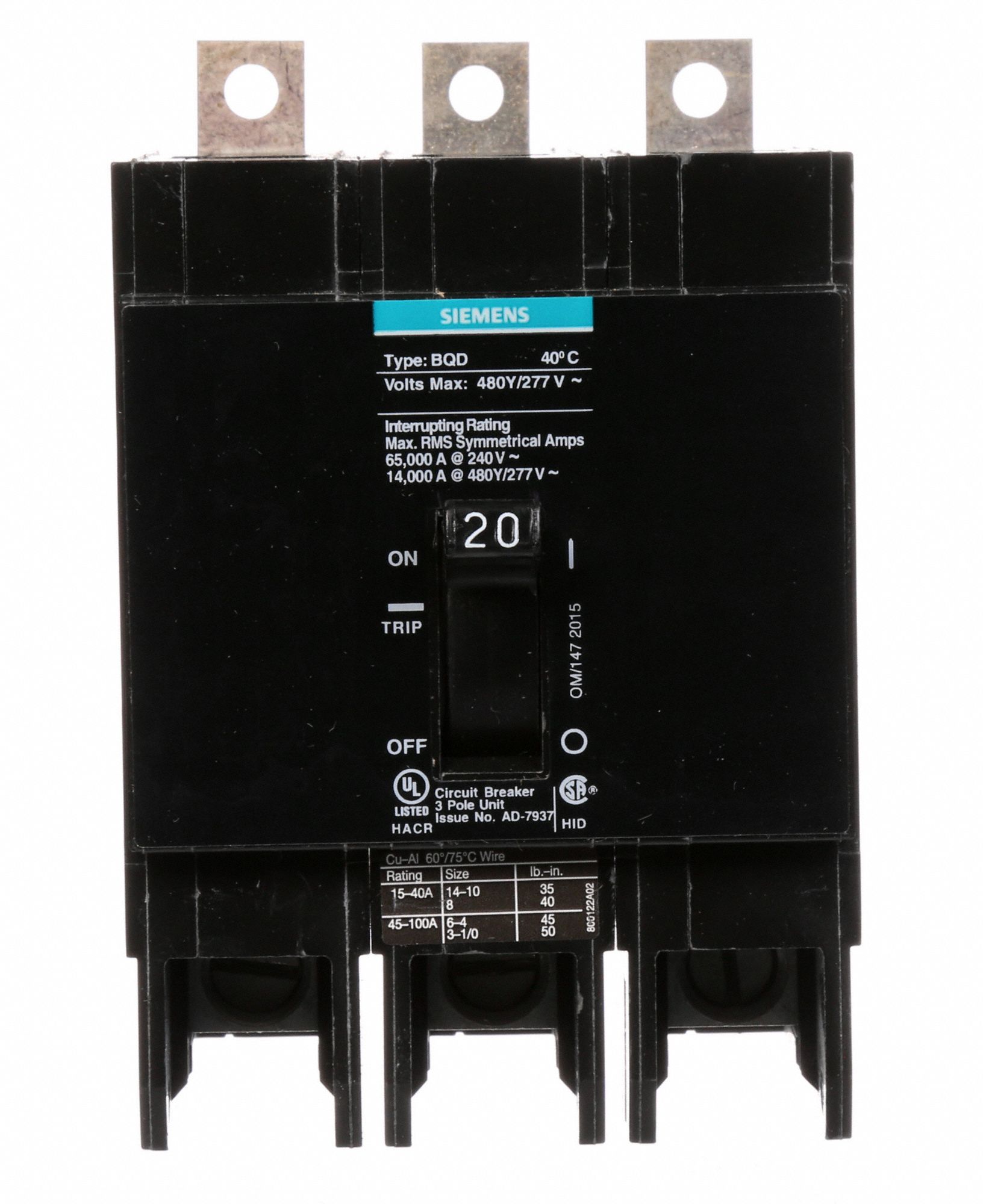 SIEMENS Miniature Circuit Breaker 20 A Amps, 480V AC, Three Phase