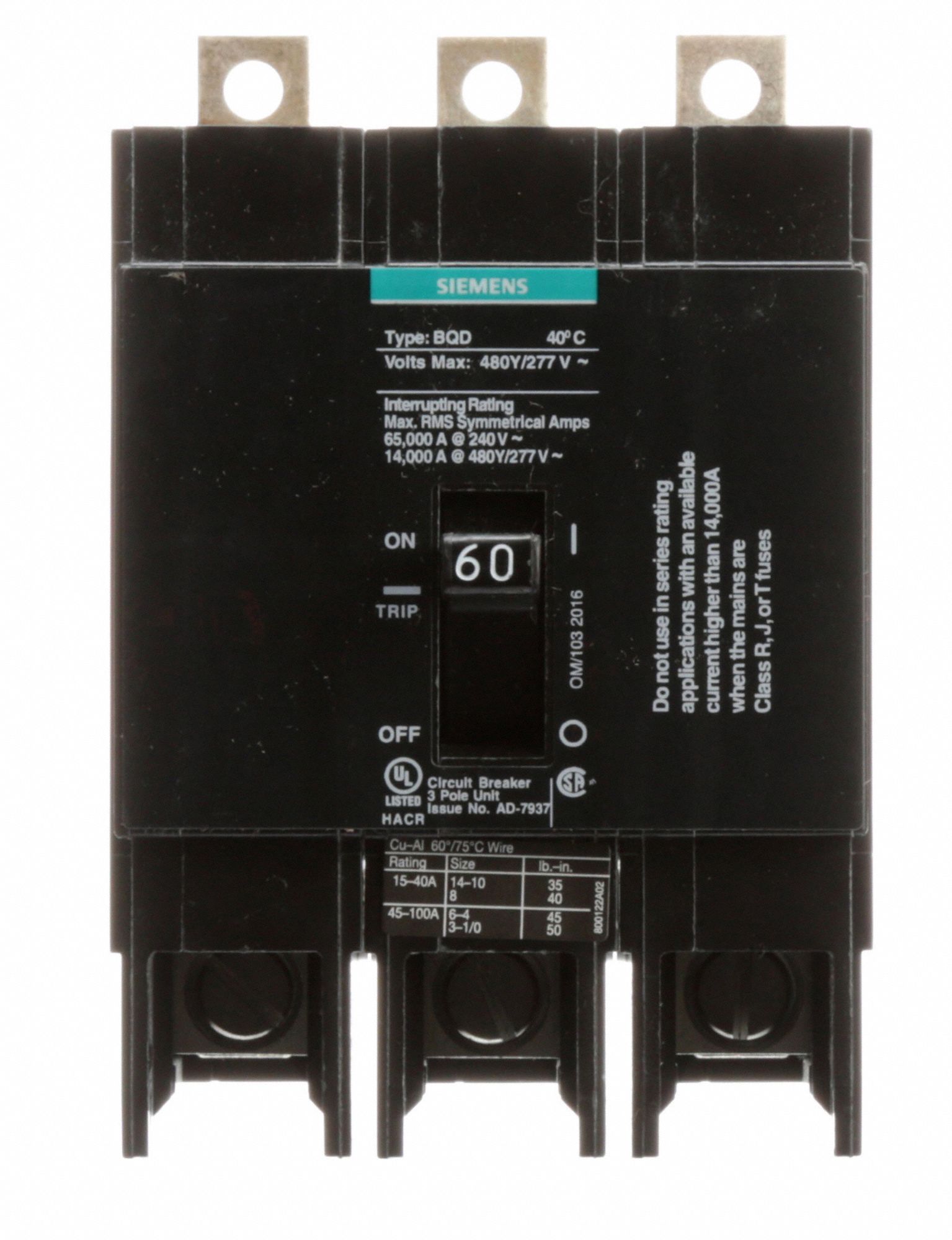 Siemens BQD360 60-Amp Three Pole 480Y/277V AC 14KAIC Bolt in Breaker Color