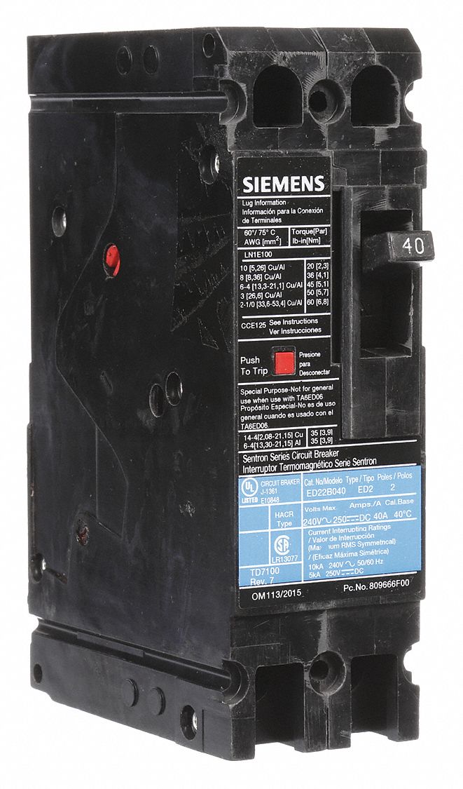 Molded Case Circuit Breaker: 40 A Amps, 10kA at 240V AC, Fixed, Load Side Lug, Any