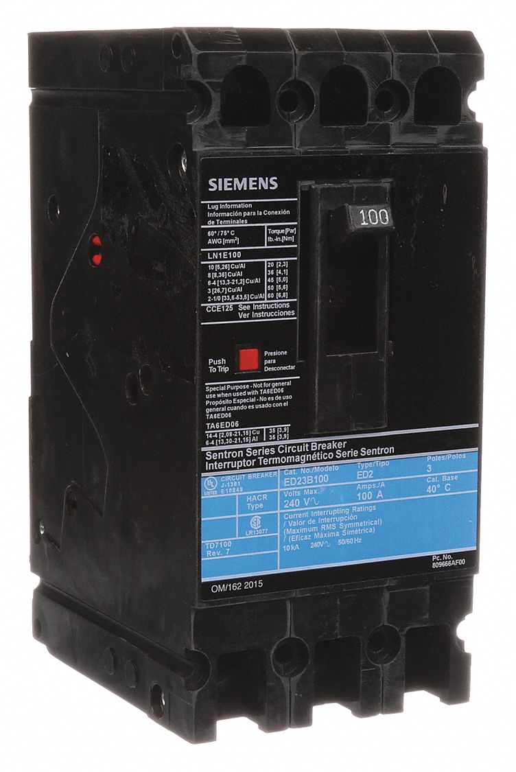 Molded Case Circuit Breaker: 100 A Amps, 10kA at 240V AC, Fixed, Load Side Lug, ABC