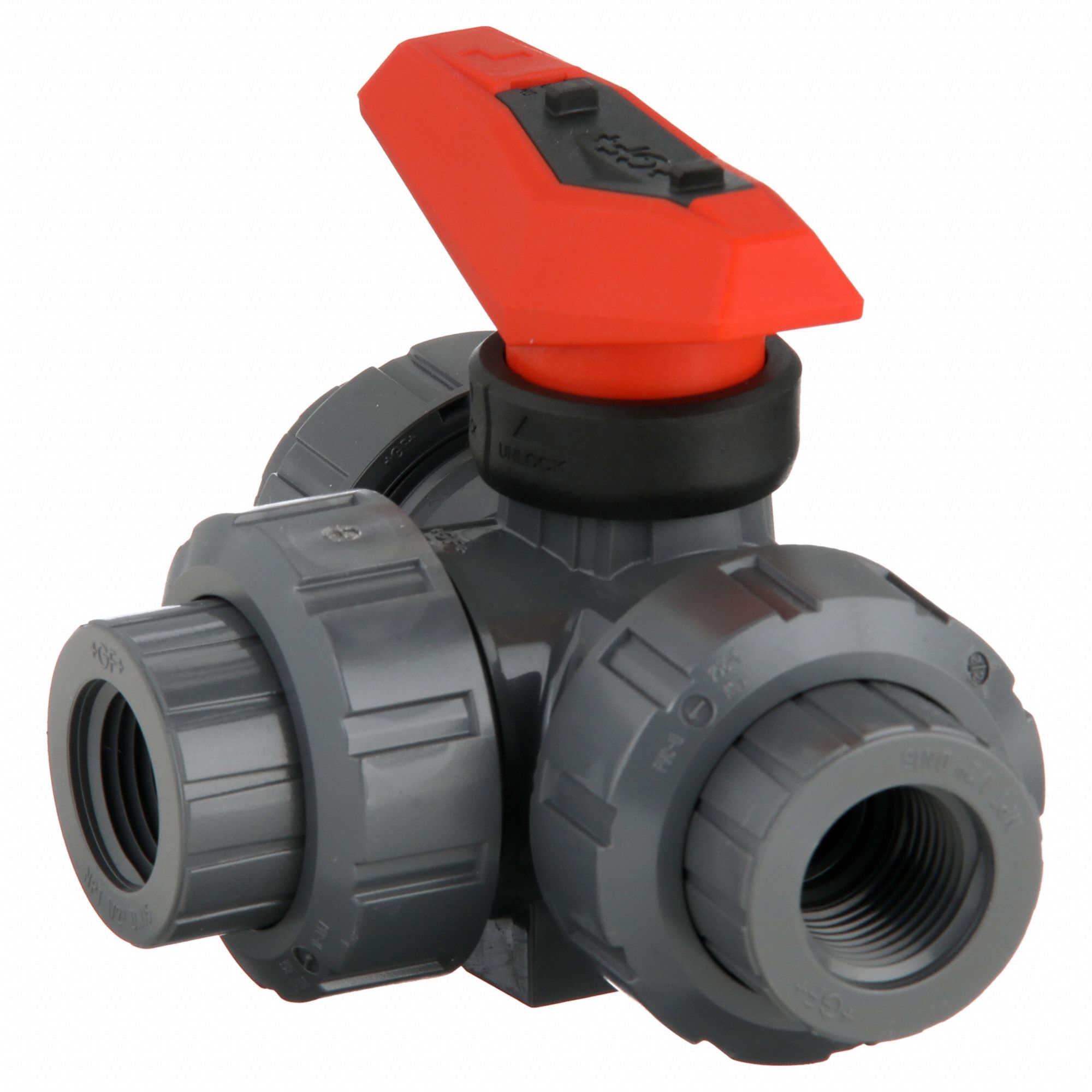 Manual Three-Way Ball Valve: 2 in, PVC, L Flow, Socket x Socket x Socket