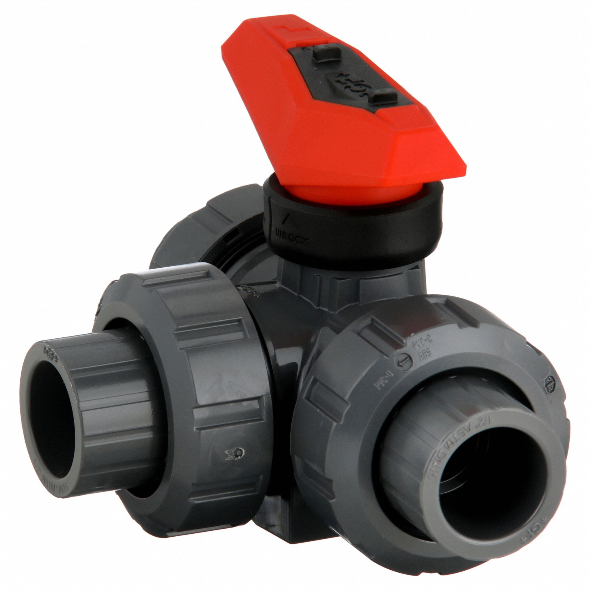 Manual Three-Way Ball Valve: 1/2 in, PVC, L Flow, Socket x Socket x Socket