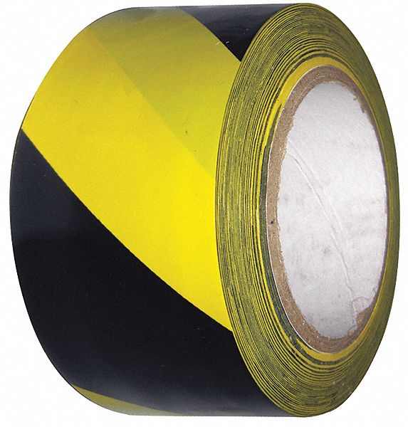 FLOOR MARKING TAPE, GENERAL PURPOSE, STRIPED, BLACK/YELLOW, 2 IN X 108 FT, 6 MIL THICKNESS