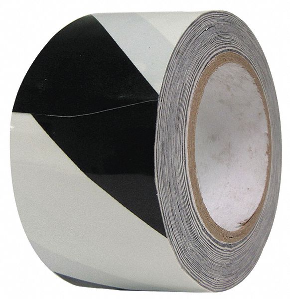 Floor Marking Tape: Gen Purpose, Striped, Black/White, 2 in x 108 ft, 8 mil Tape Thick