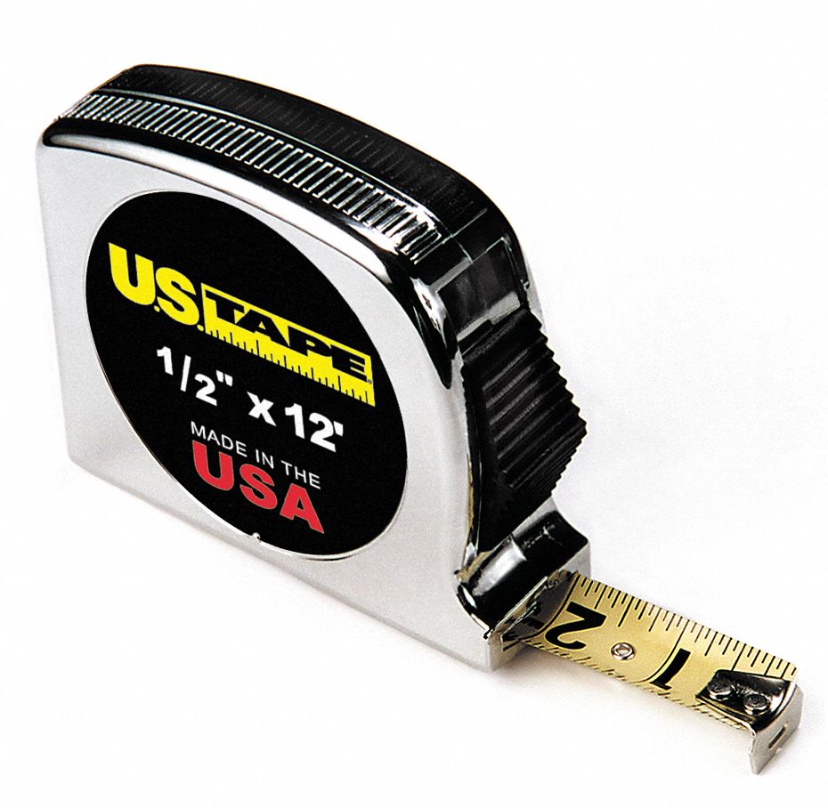 US TAPE Tape Measure 12 ft Blade Lg, 1/2 in Blade Wd, in/ft, Closed