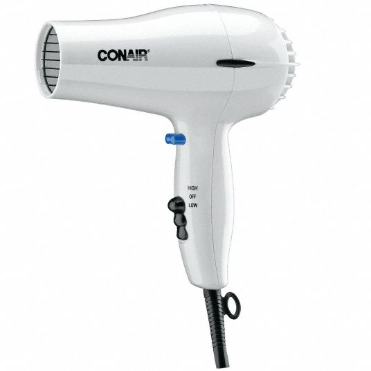 CONAIR Hair Dryer: White, 125 V, 5 ft Cord Lg, 2 Speeds, 3.5 in Dp