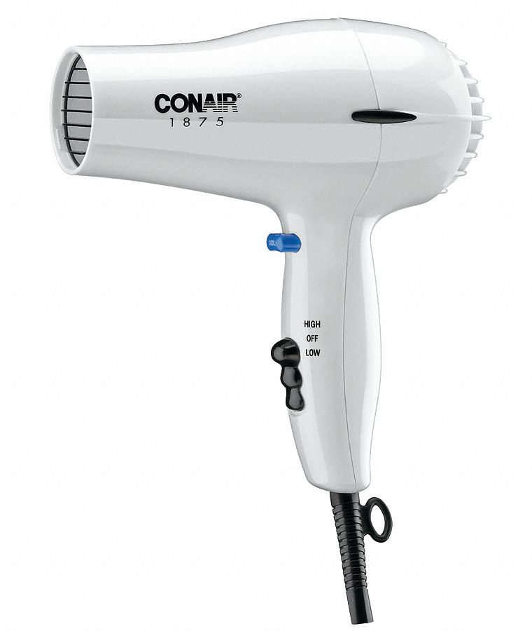 Hair Dryer: White, 125 V, 5 ft Cord Lg, 2 Speeds