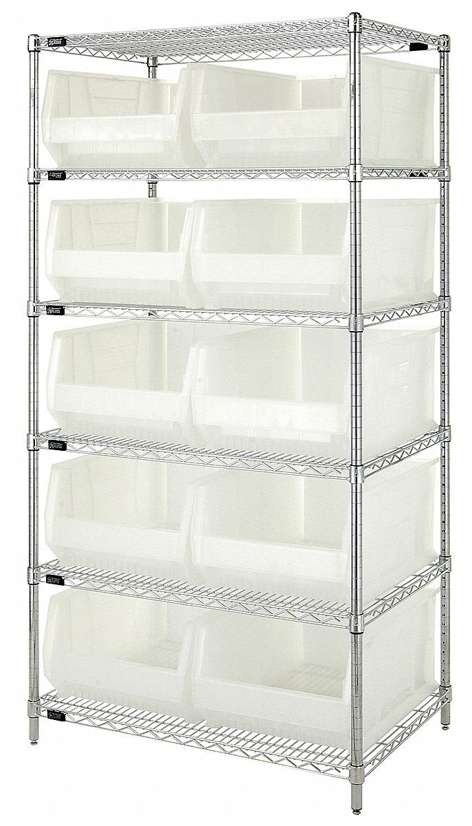 Bin Shelving: 36 in x 24 in x 74 in, 10 Bins, 6 Shelves, Open, Clear