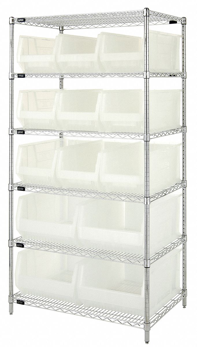 Bin Shelving: 36 in x 24 in x 74 in, 13 Bins, 6 Shelves, Open, Clear