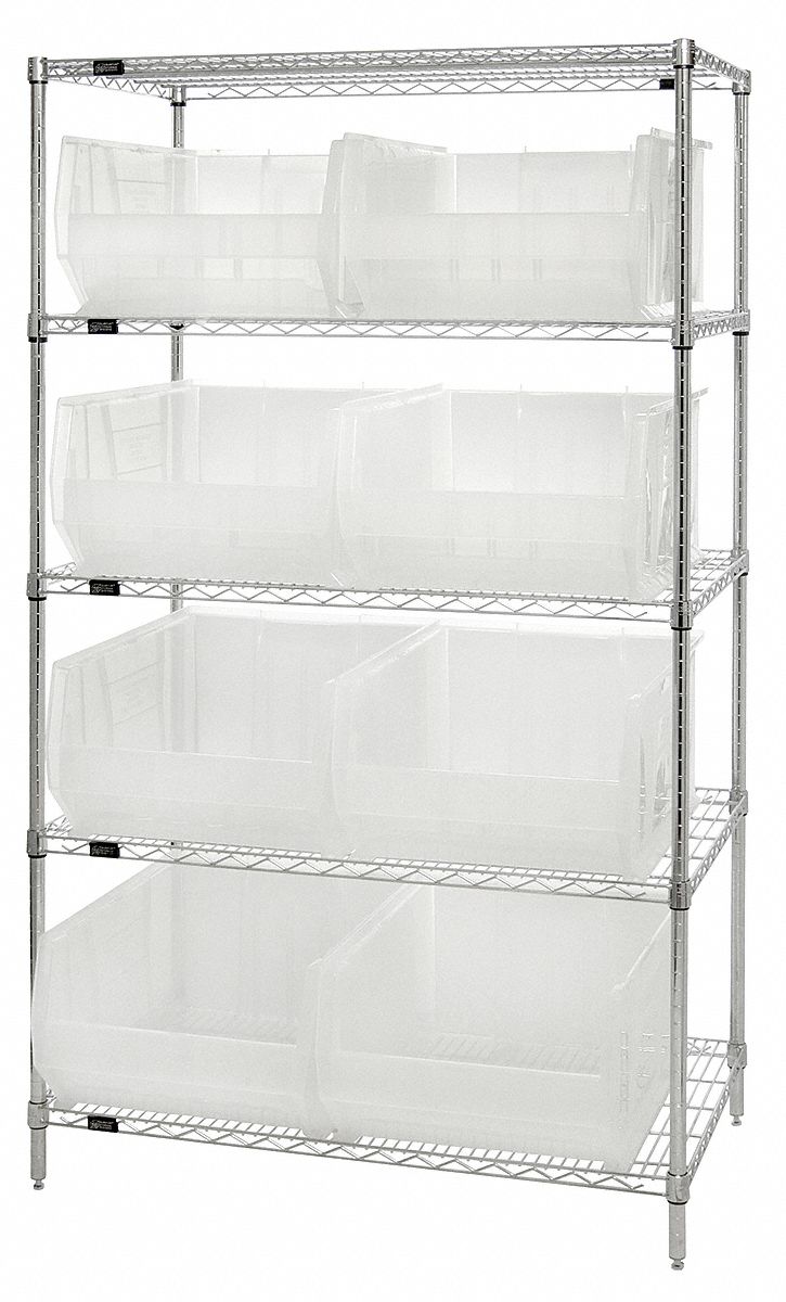 Bin Shelving: 42 in x 24 in x 74 in, 8 Bins, 5 Shelves, Open, Clear