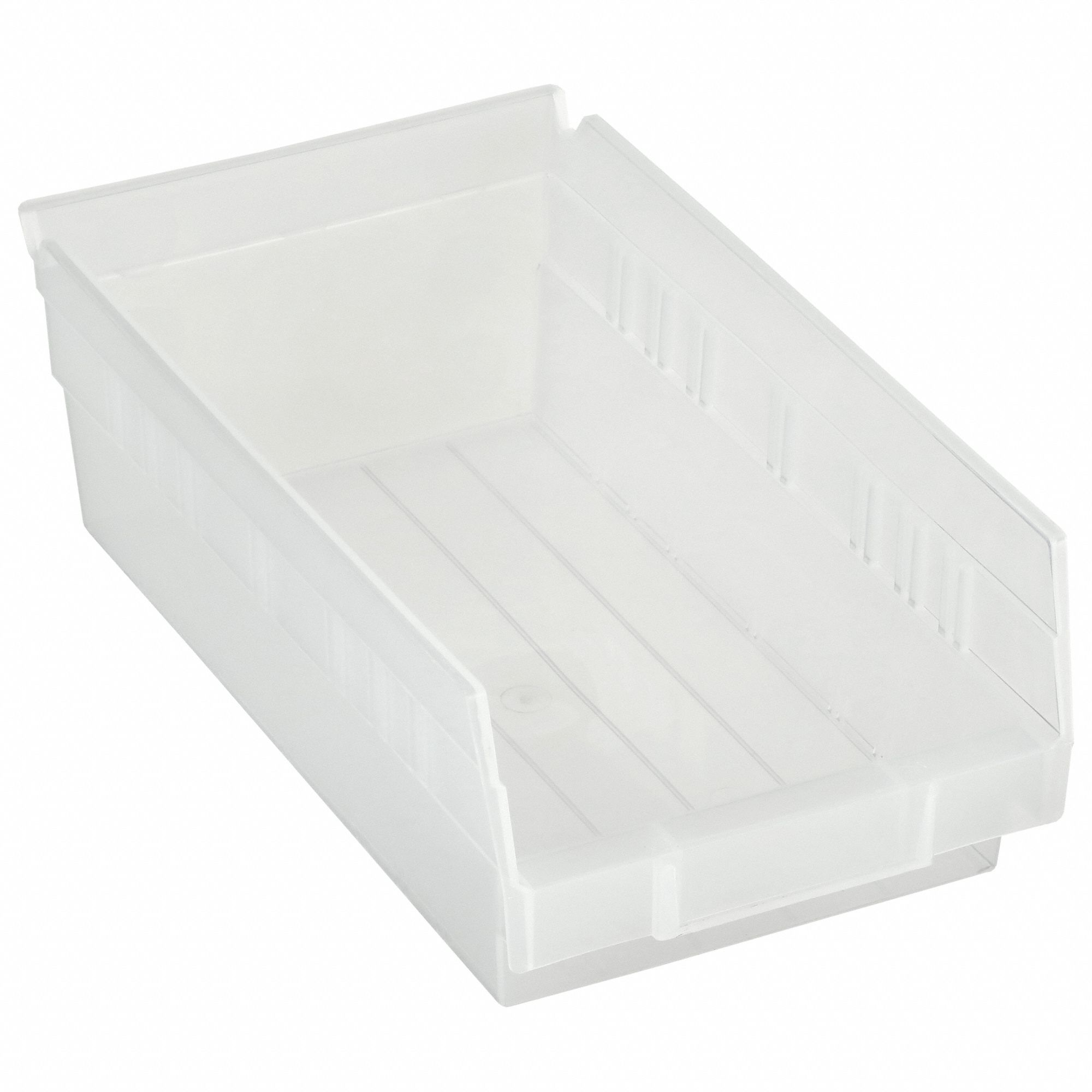 Shelf Bin: 11 5/8 in Overall Lg, 6 5/8 in x 4 in, Clear, Nesting Capable