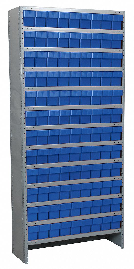 Enclosed Bin Shelving: 36 in x 12 in x 79 in, 1 Sided, 108 Bins, Closed, Drawer Bin, Blue