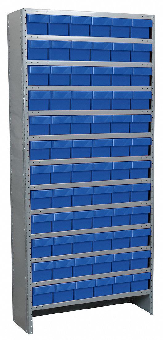 Enclosed Bin Shelving: 36 in x 12 in x 79 in, 1 Sided, 72 Bins, Closed, Drawer Bin, Blue