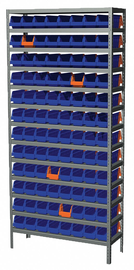 Bin Shelving: 36 in x 12 in x 79 in, 1 Sided, 96 Bins, Open, Shelf Bin, Blue/Orange
