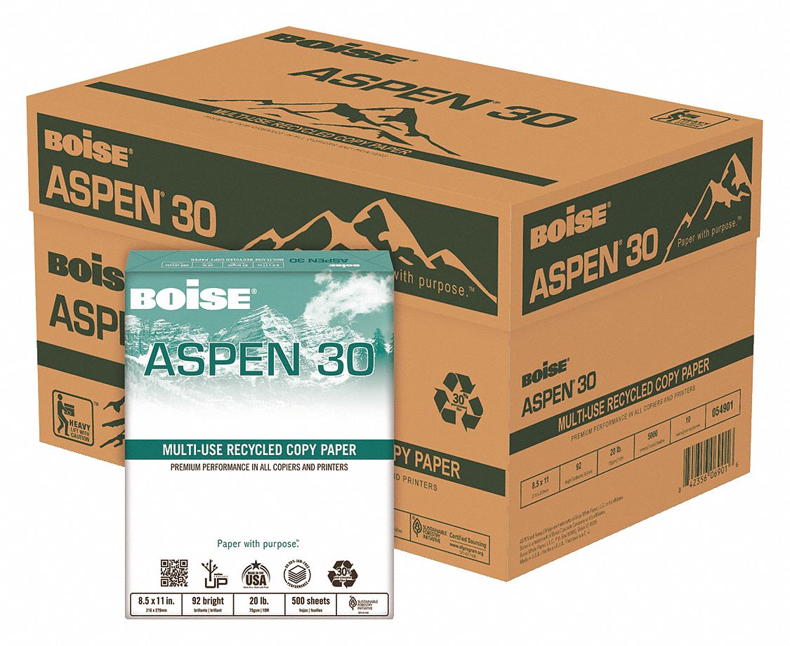 Recycled Multipurpose Paper, 8 1/2 in x 11 in, White, PK 5000 Grainger