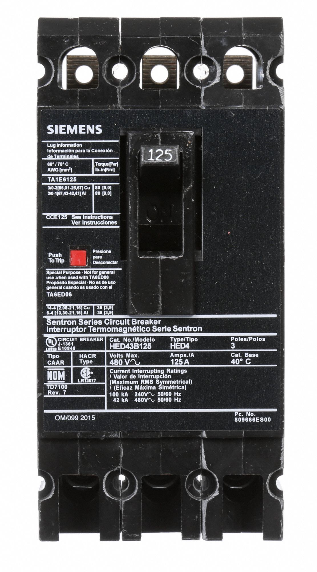 SIEMENS Molded Case Circuit Breaker: 125 A Amps, 42kA At 480V AC, Fixed ...