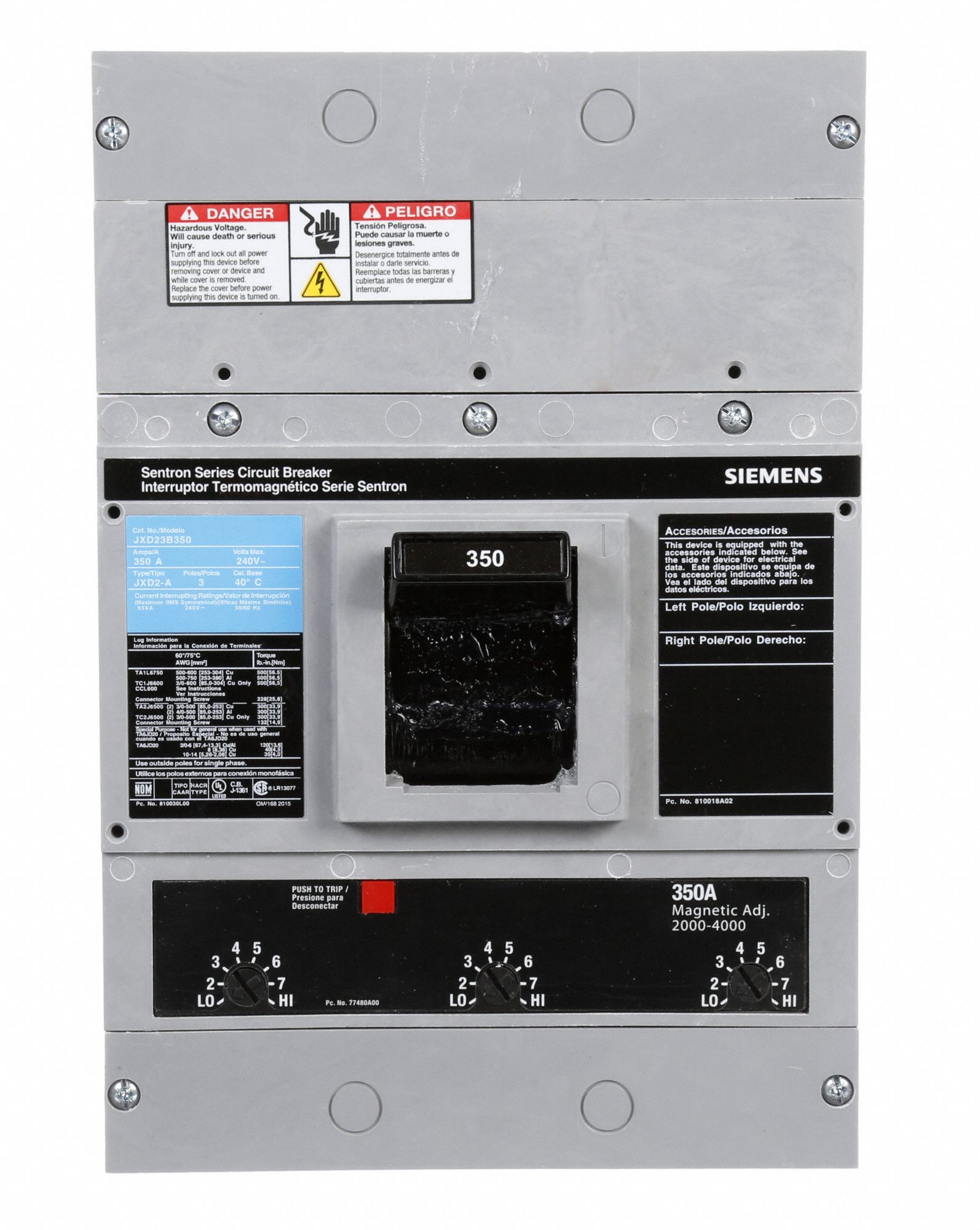 SIEMENS Molded Case Circuit Breaker 350 A Amps, 65kA at 240V AC, Fixed