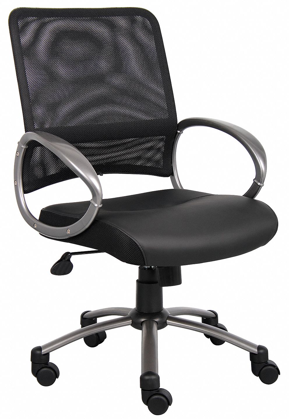 Office Chair: Black, Leather & Mesh Material, 18 in Back Ht, 19 in Seat Wd