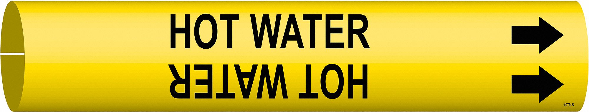 Pipe Marker: Hot Water, Yellow, Black, Fits 1 1/2 to 2 3/8 in Pipe O.D., 1 Pipe Markers, With Arrows