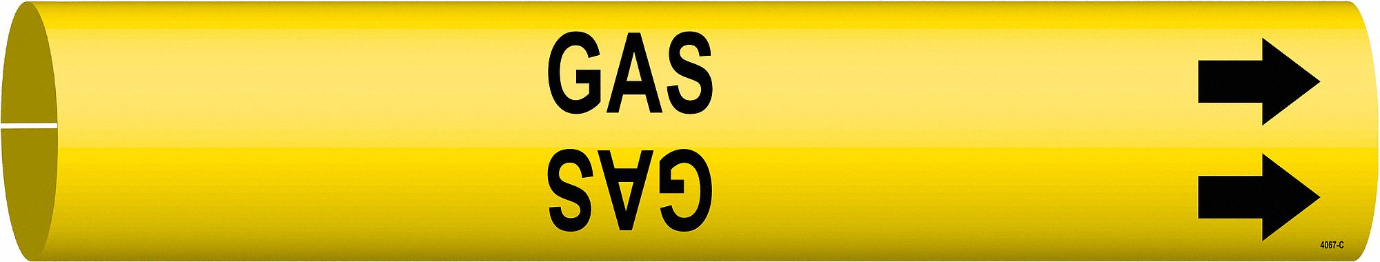 Pipe Marker: Gas, Yellow, Black, Fits 2 1/2 to 3 7/8 in Pipe O.D., 1 Pipe Markers, With Arrows
