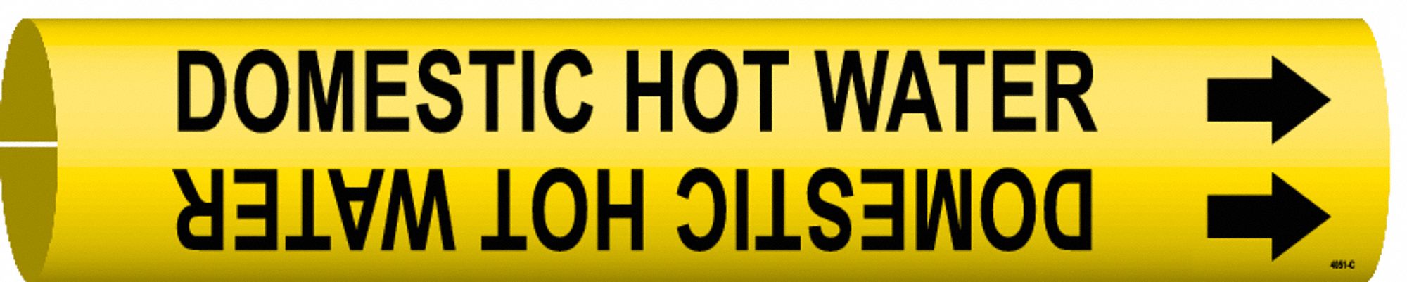 Pipe Marker: Domestic Hot Water, Yellow, Black, Fits 2 1/2 to 3 7/8 in Pipe O.D., 1 Pipe Markers