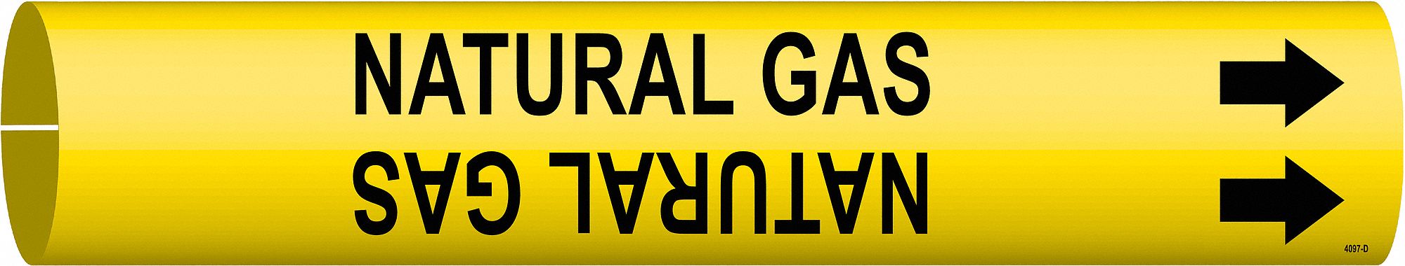 Pipe Marker: Natural Gas, Yellow, Black, Fits 4 to 6 in Pipe O.D., 1 Pipe Markers, With Arrows