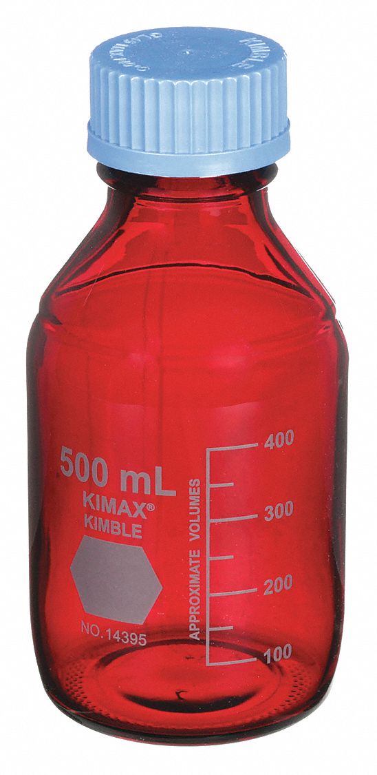 Media Bottle: Borosilicate Glass, 500 mL Capacity - mL, 16.9 fl oz Capacity - oz, 86 mm Body Dia