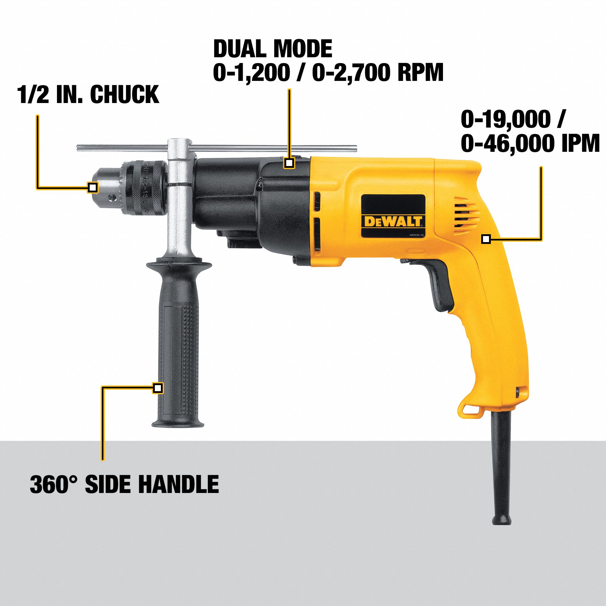 DEWALT Hammer Drill Kit Corded, 1/2 in Chuck, 3/8 in Concrete Capacity