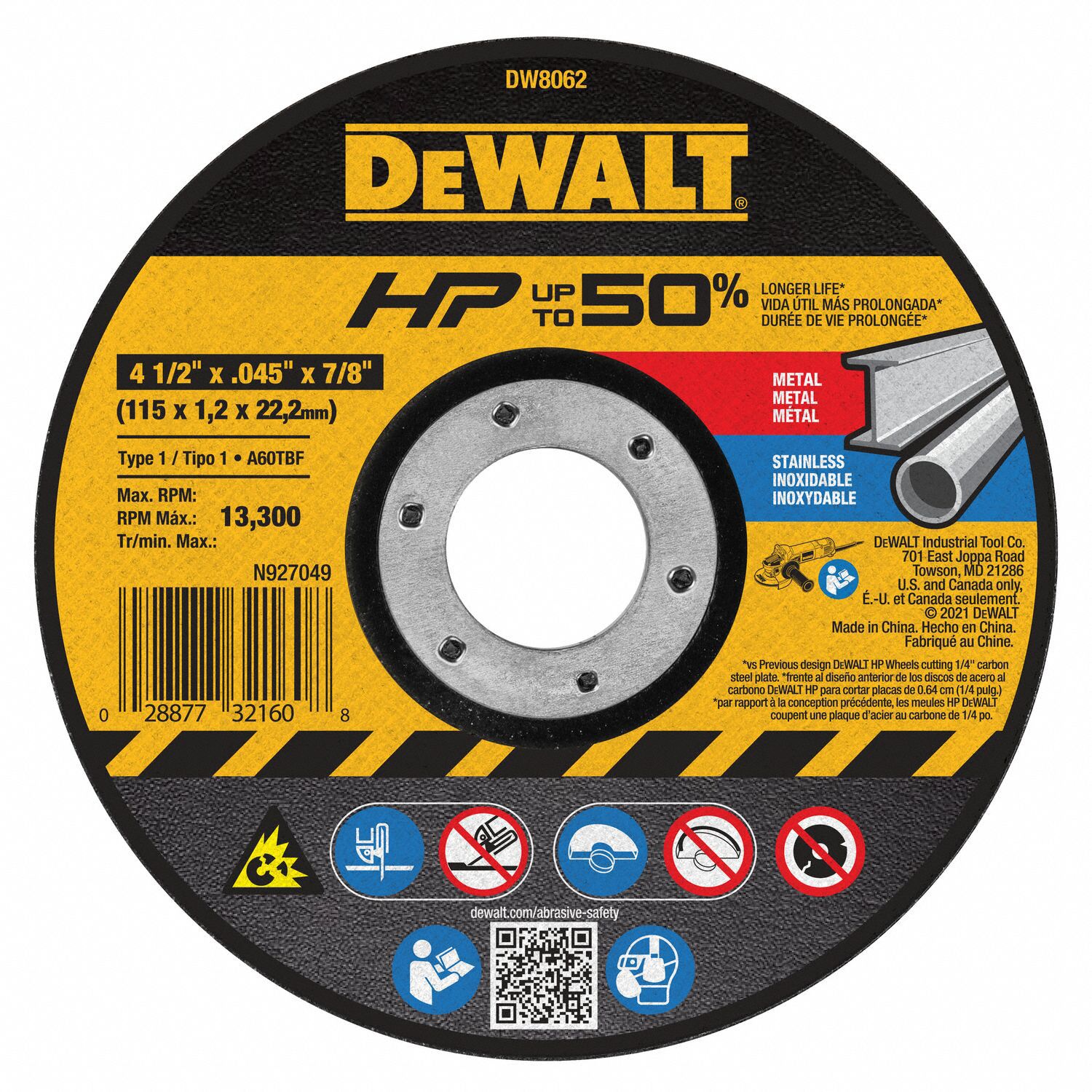 DEWALT Abrasive Cut-Off Wheel: 4 1/2 in Abrasive Wheel Dia, Aluminum Oxide, Type 1, 0.045 in 