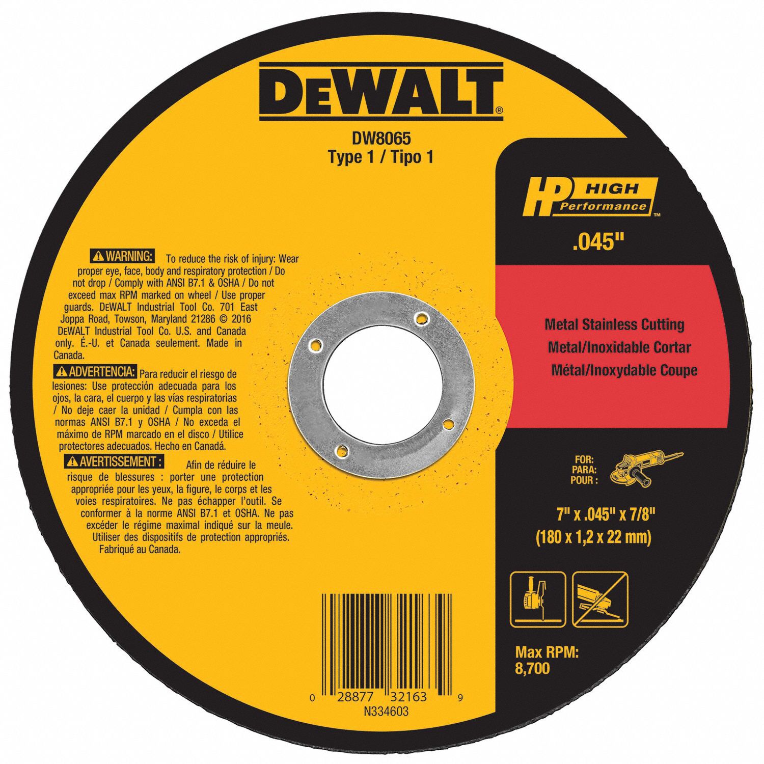 DEWALT, Type 1, 7 in x 0.045 in x 7/8 in, Abrasive CutOff Wheel