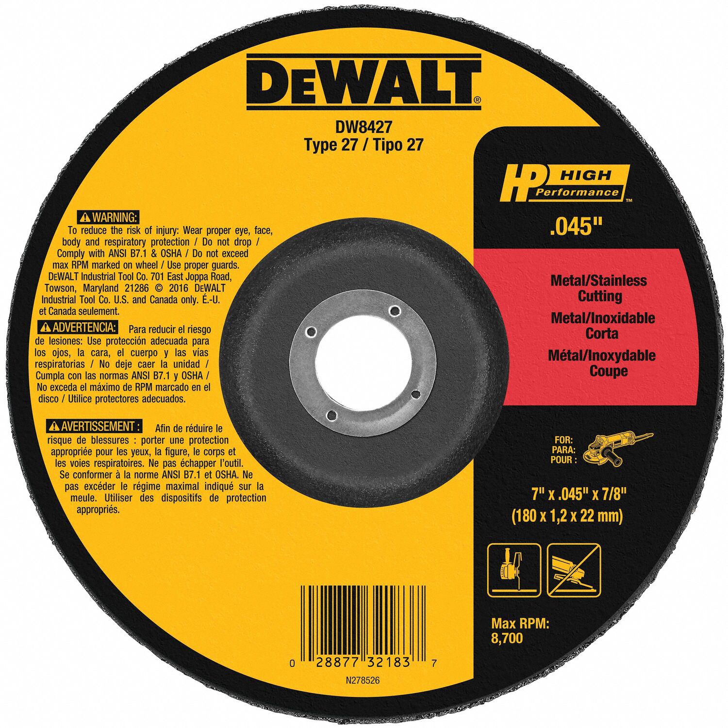 DEWALT Depressed Center Cut-Off Wheel: Type 27, 7 in x 0.045 in x 7/8 in,  Aluminum Oxide, 60 Grit