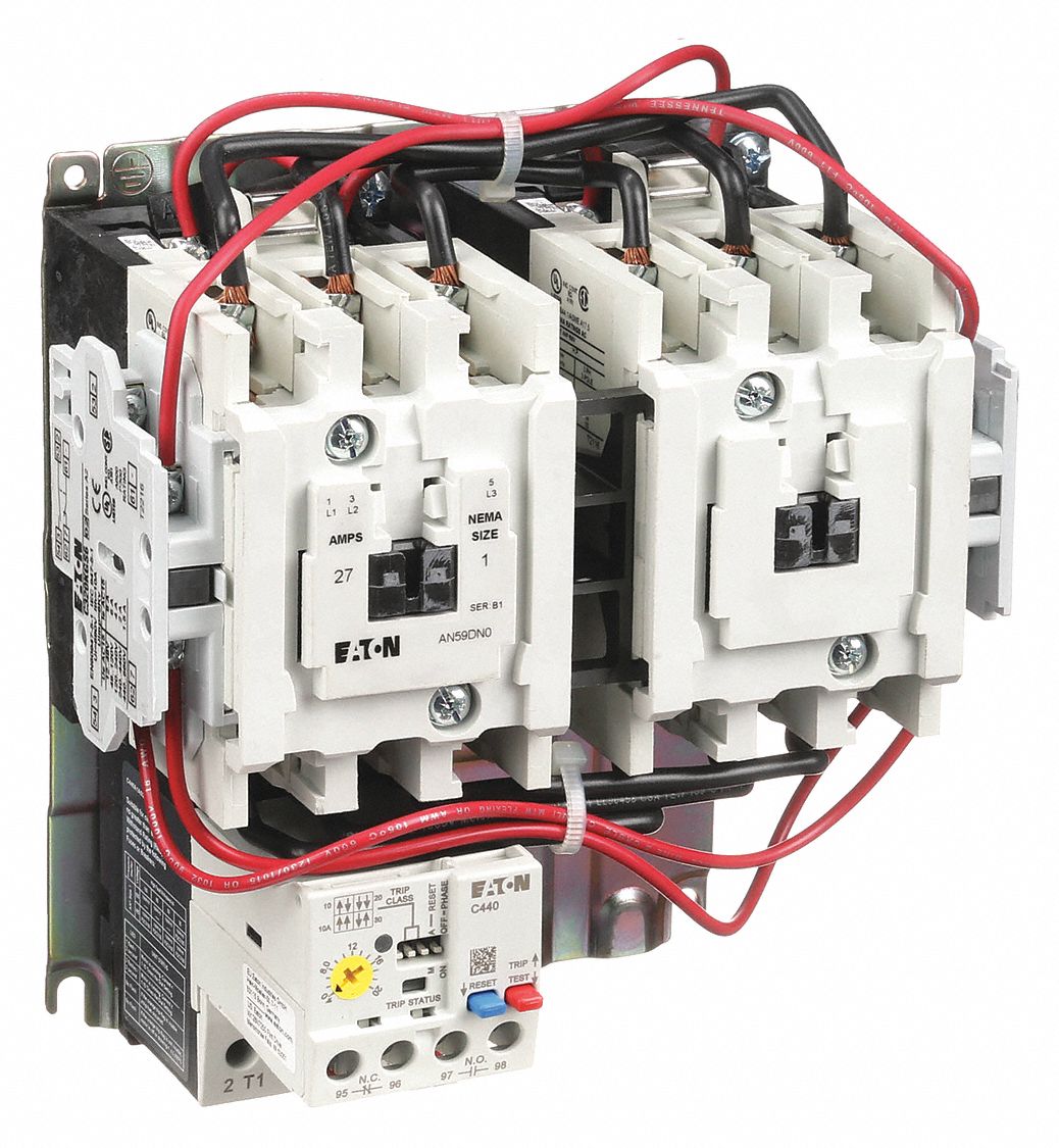 NEMA Magnetic Motor Starter: Reversing, 3 Poles, NEMA Size 1, 27 A, 120V AC Coil